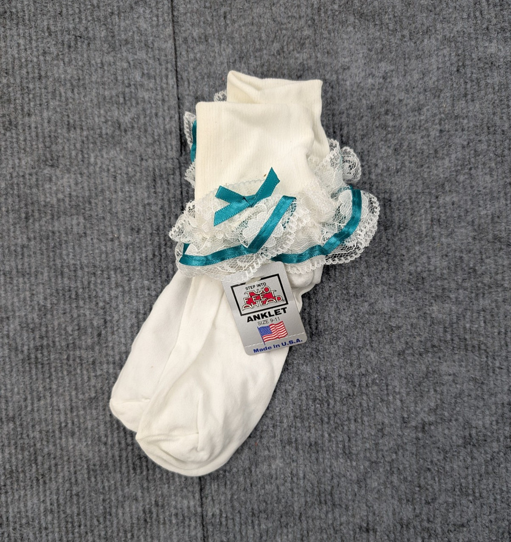 Vintage Lace Ruffle Socks Women 9-11 Nylon Coquette White Teal Ribbon Whimsi Y2K
